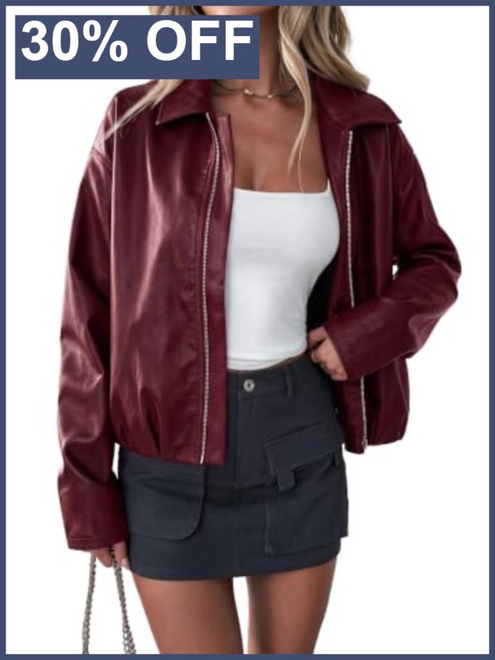 Faux Leather Motorcycle Jacket Cropped Moto Zip-Up Coat